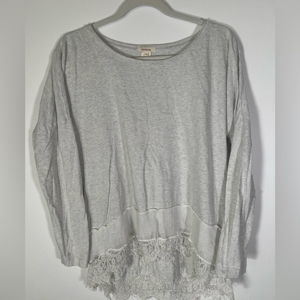 Sundance Women S Top Gray Heather Cream Lace Hi Low Long Sleeve Tshirt Blouse